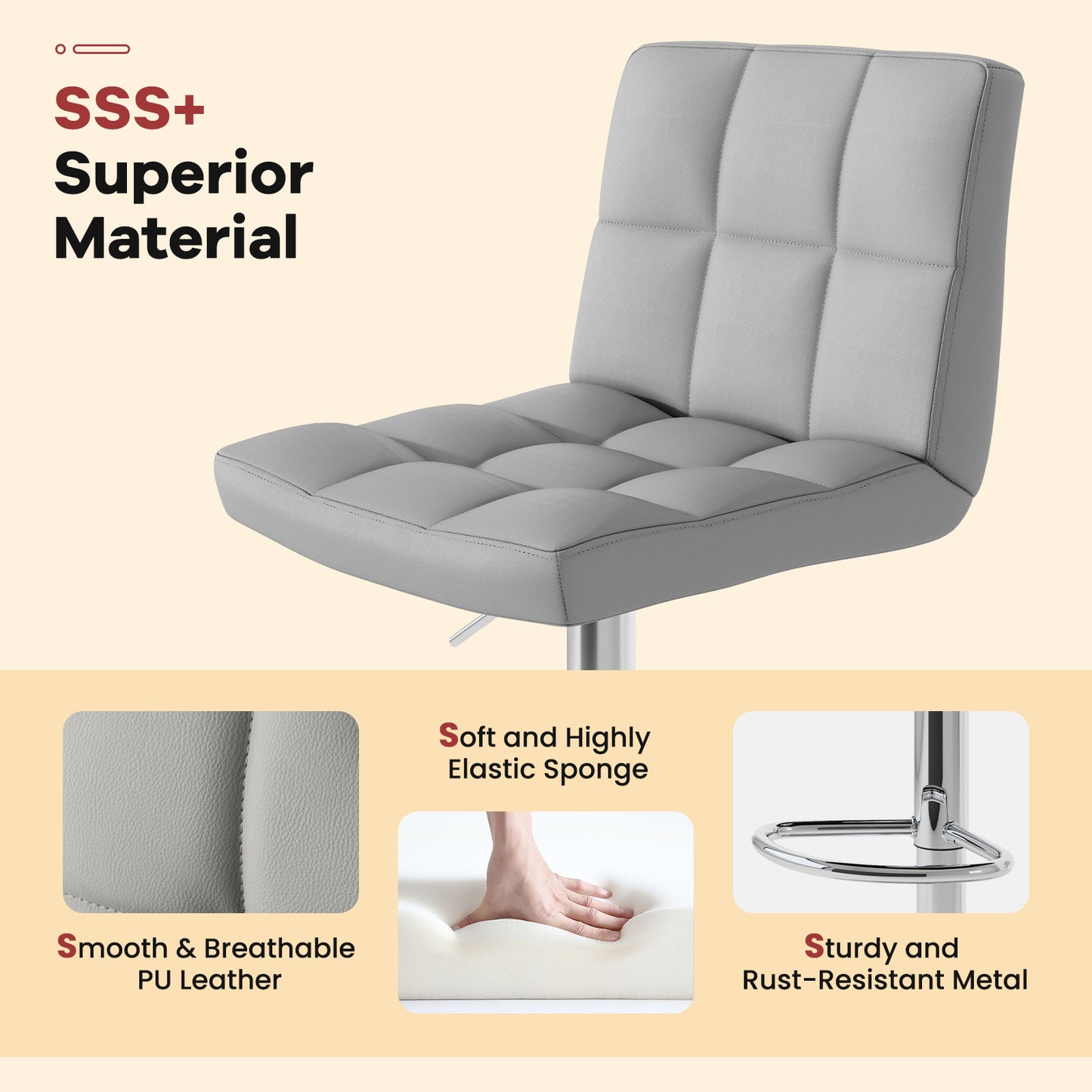 Set of 2 Modern PU Leather Bar Stools with Adjustable Height, Swivel Seat, Backrest and Footrest - Grey