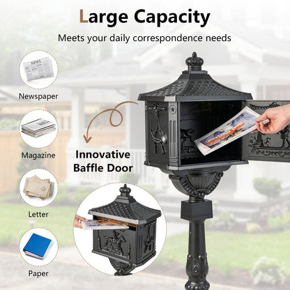Elegant Retro Cast Aluminum Lockable Mailbox with Baffle Door for Secure Letter Delivery - Black