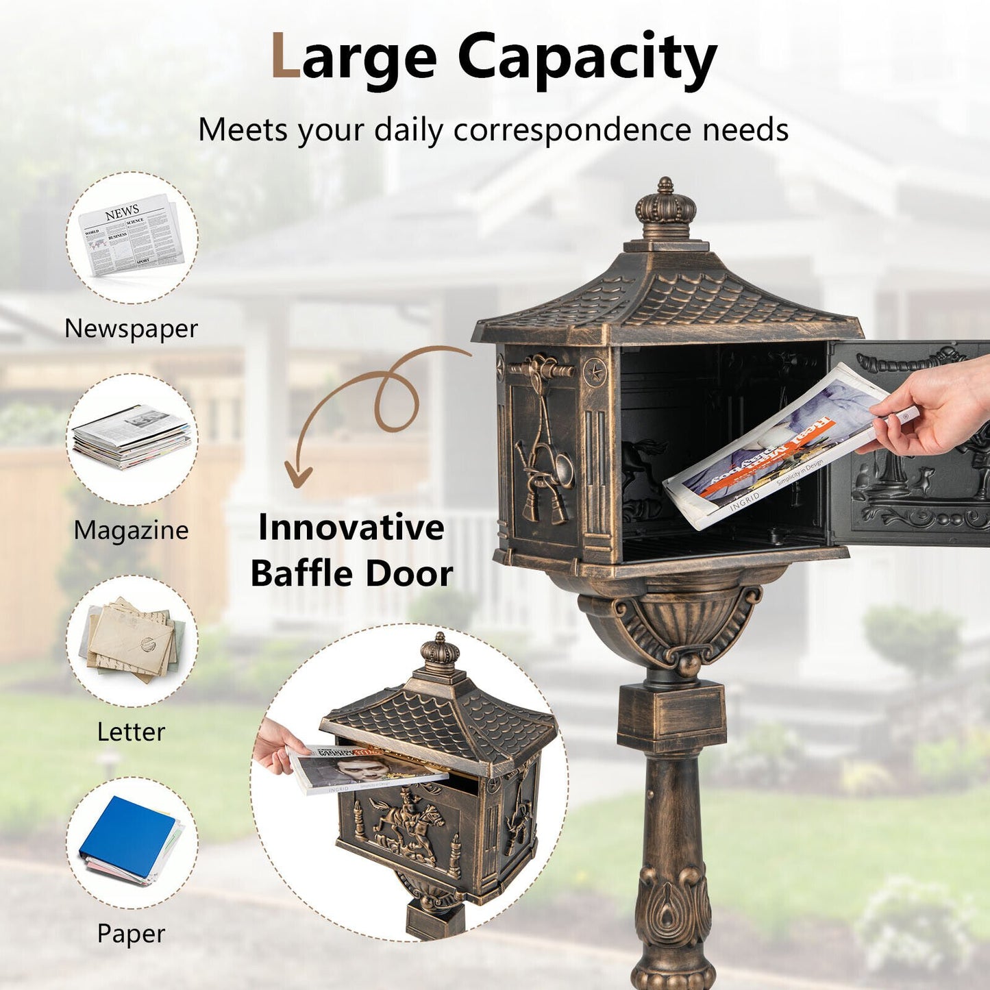 Elegant Retro Cast Aluminum Lockable Mailbox with Baffle Door for Secure Letter Delivery -Bronze