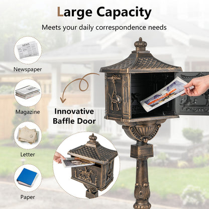 Elegant Retro Cast Aluminum Lockable Mailbox with Baffle Door for Secure Letter Delivery -Bronze
