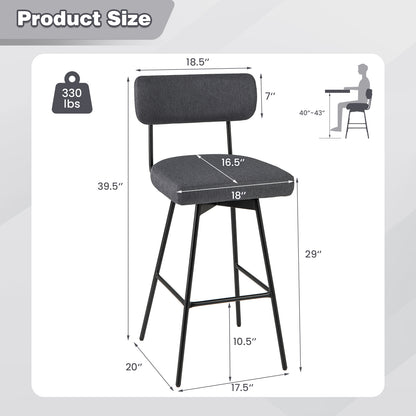 Set of 2 29 Inch Upholstered Swivel Bar Stools with Comfortable Backrest - Grey