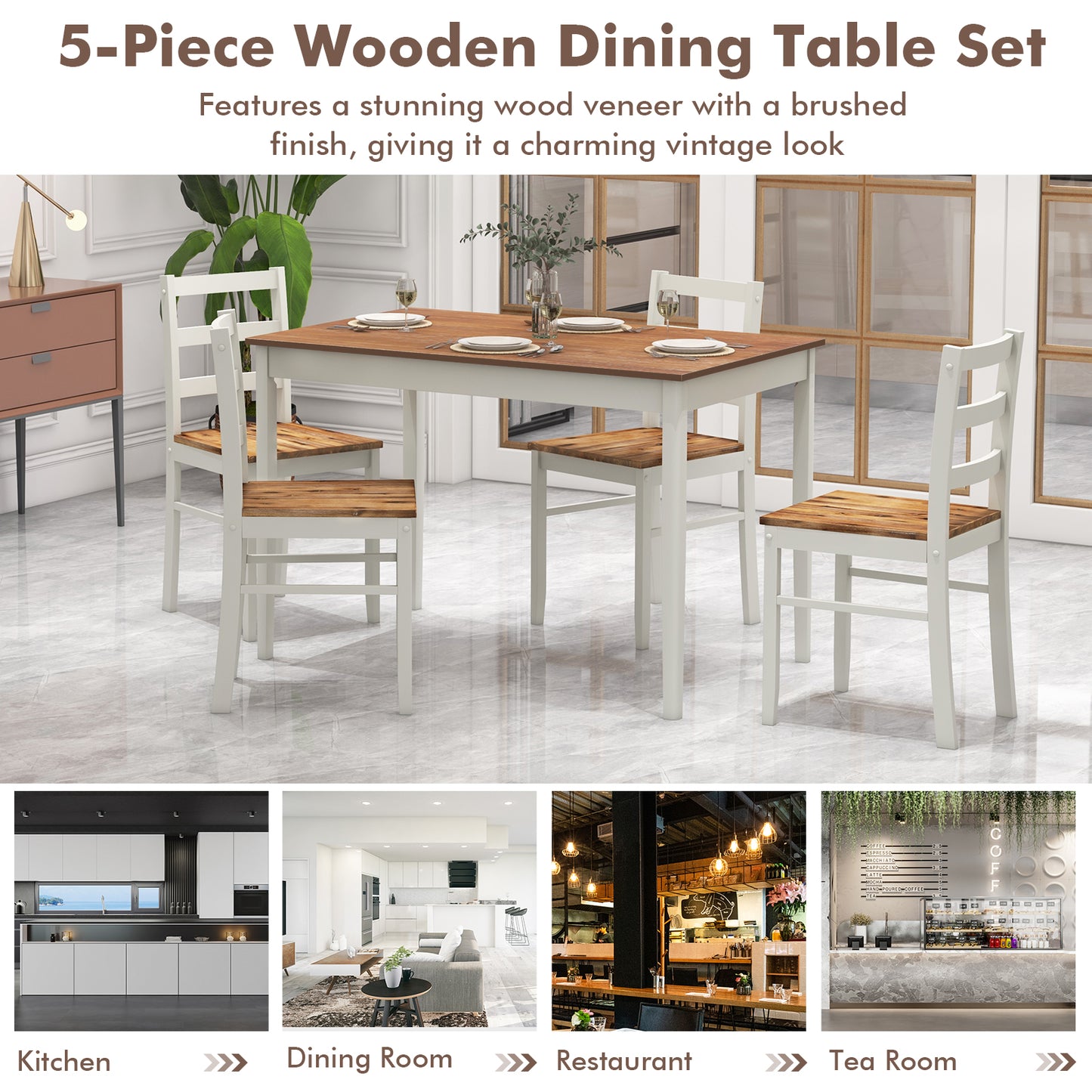Modern 5 Piece Dining Table Set with Rectangular Wood Table and Upholstered Chairs - Coffee