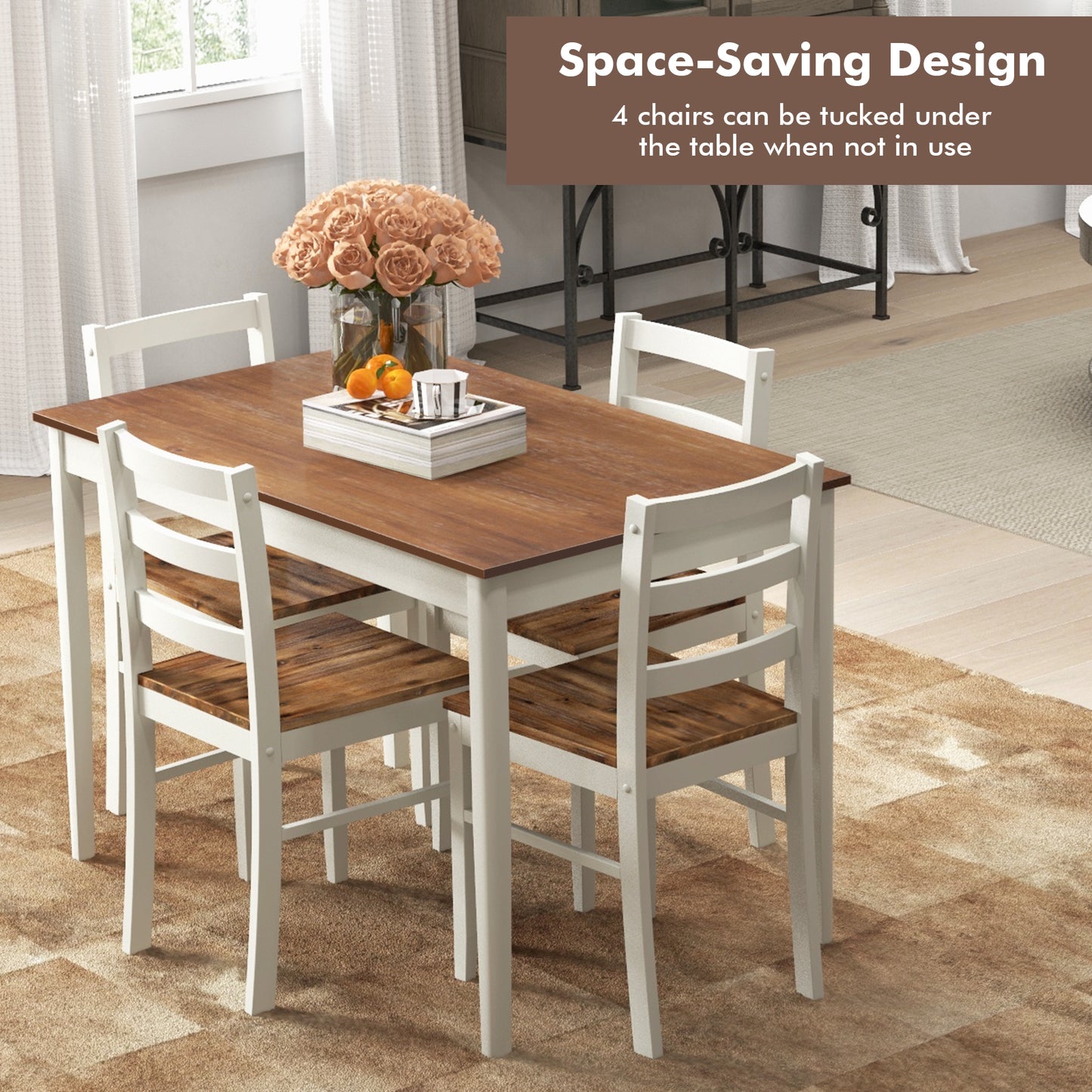 Modern 5 Piece Dining Table Set with Rectangular Wood Table and Upholstered Chairs - Coffee