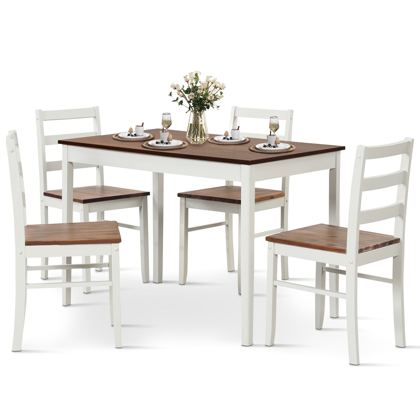 Modern 5 Piece Dining Table Set with Rectangular Wood Table and Upholstered Chairs - Coffee