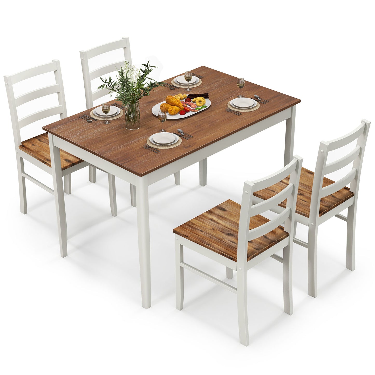Modern 5 Piece Dining Table Set with Rectangular Wood Table and Upholstered Chairs - Coffee