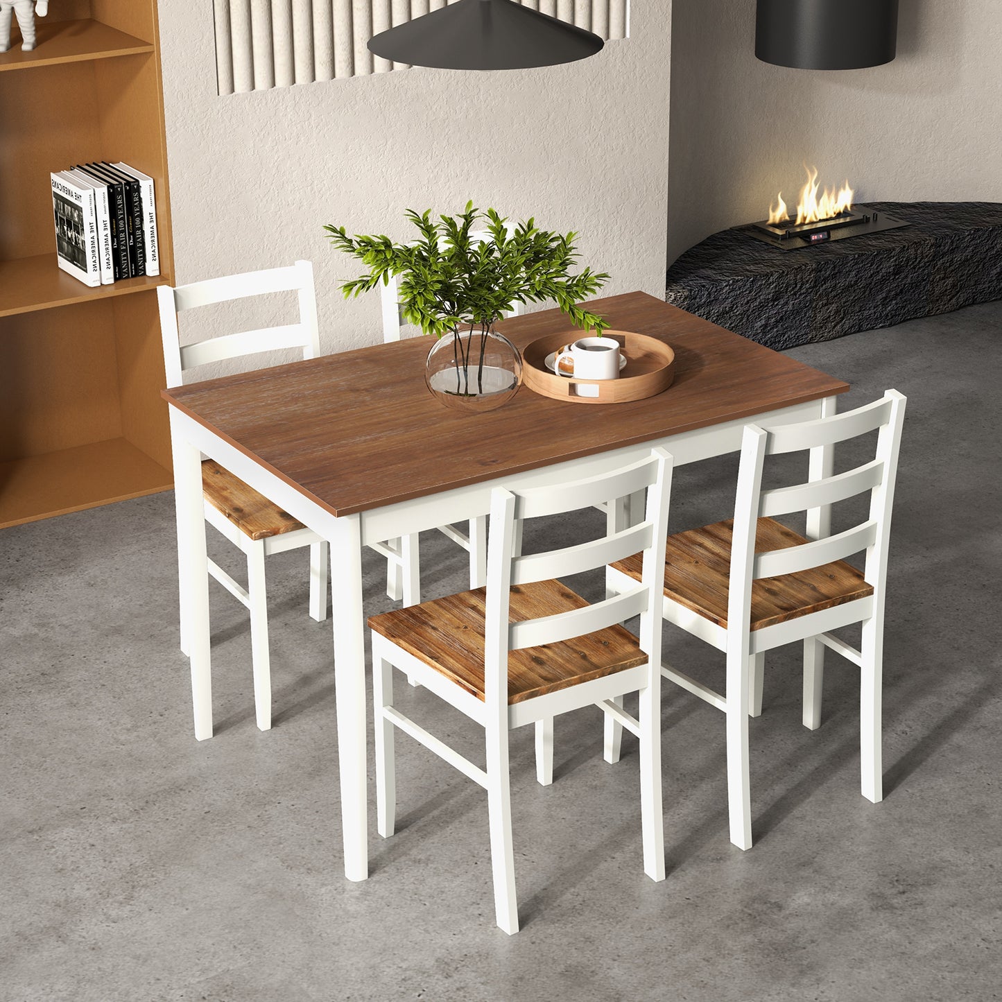 Modern 5 Piece Dining Table Set with Rectangular Wood Table and Upholstered Chairs - Coffee