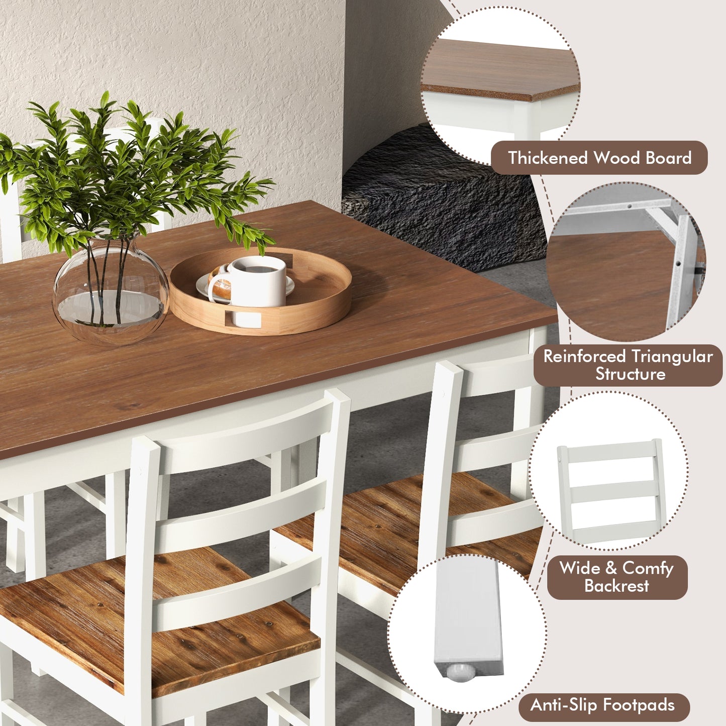 Modern 5 Piece Dining Table Set with Rectangular Wood Table and Upholstered Chairs - Coffee