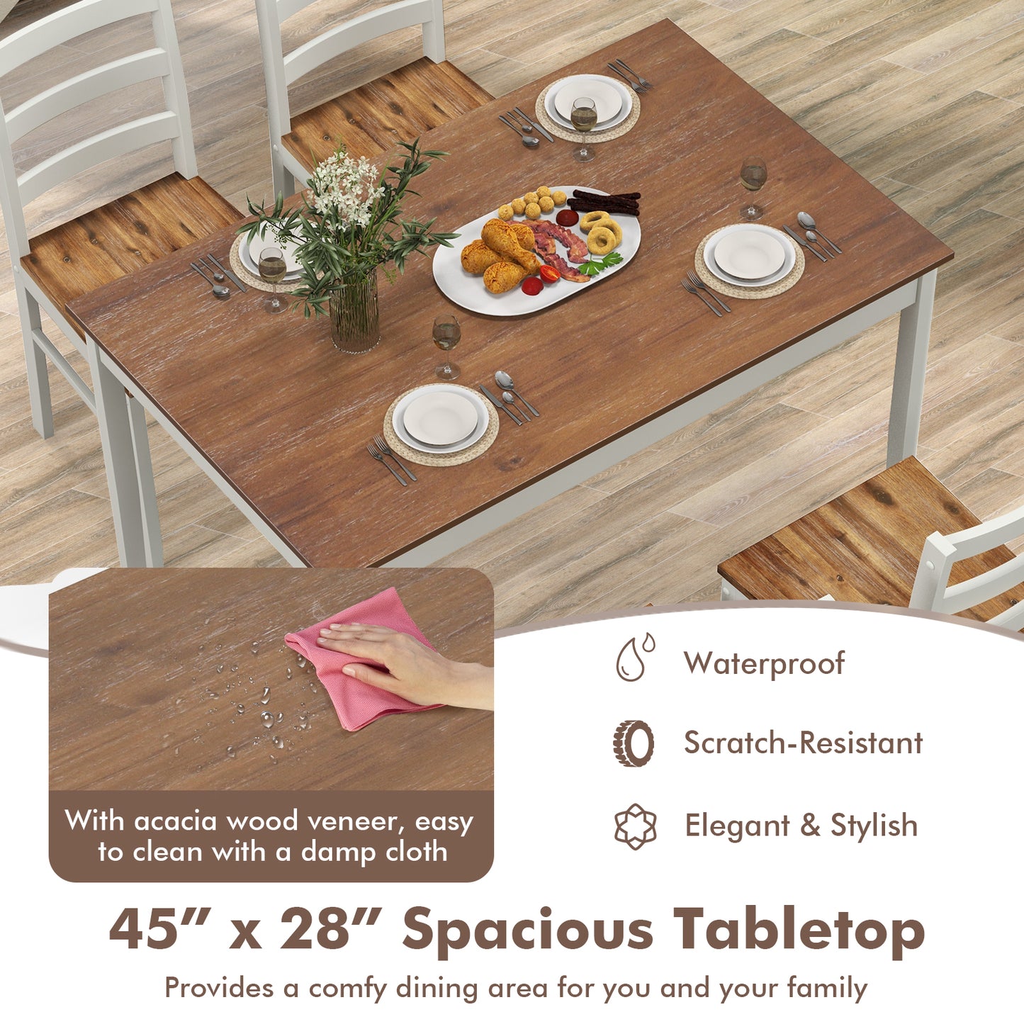 Modern 5 Piece Dining Table Set with Rectangular Wood Table and Upholstered Chairs - Coffee