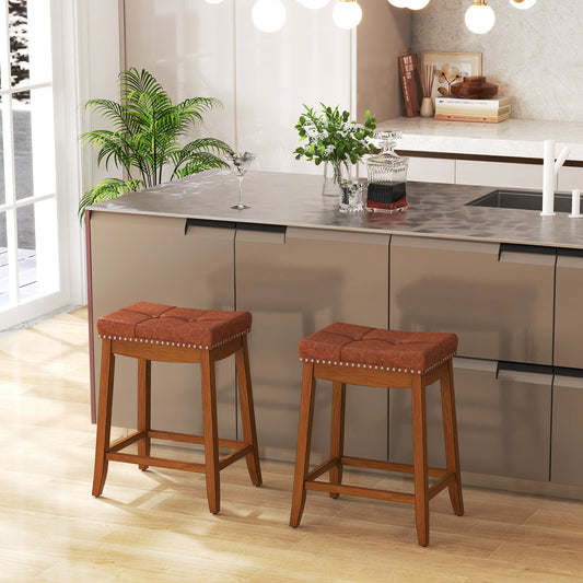 Set of 2 Upholstered PU Leather Bar Stools with Saddle Seat and Rubber Wood Frame - 25 Inch
