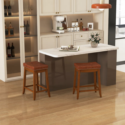 Set of 2 Upholstered PU Leather Bar Stools with Saddle Seat and Rubber Wood Frame - 25 Inch