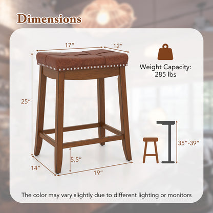 Set of 2 Upholstered PU Leather Bar Stools with Saddle Seat and Rubber Wood Frame - 25 Inch