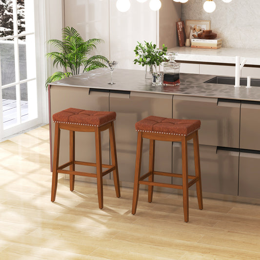Set of 2 Upholstered PU Leather Bar Stools with Saddle Seat and Rubber Wood Frame - 29 inch
