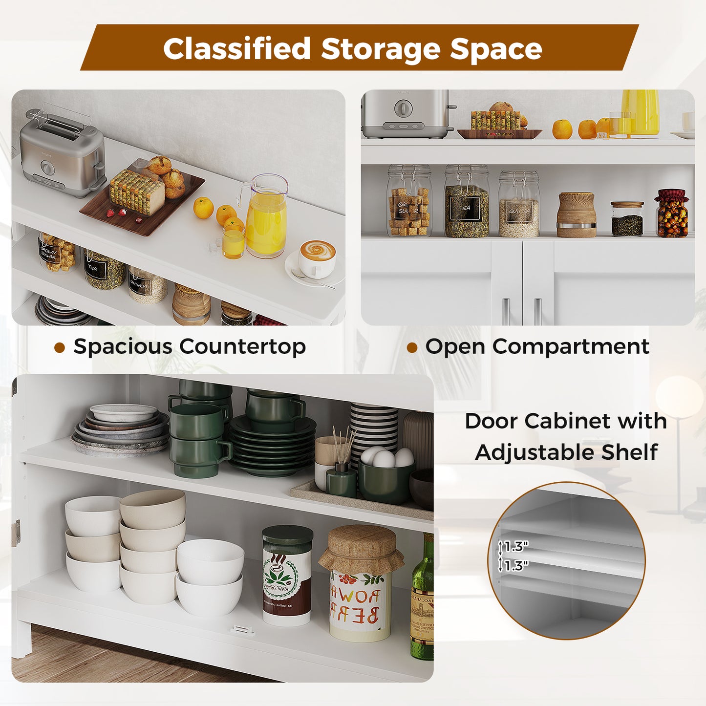 Kitchen Sideboard Buffet Cabinet with Adjustable Shelf and Double Doors for Dining Storage - White