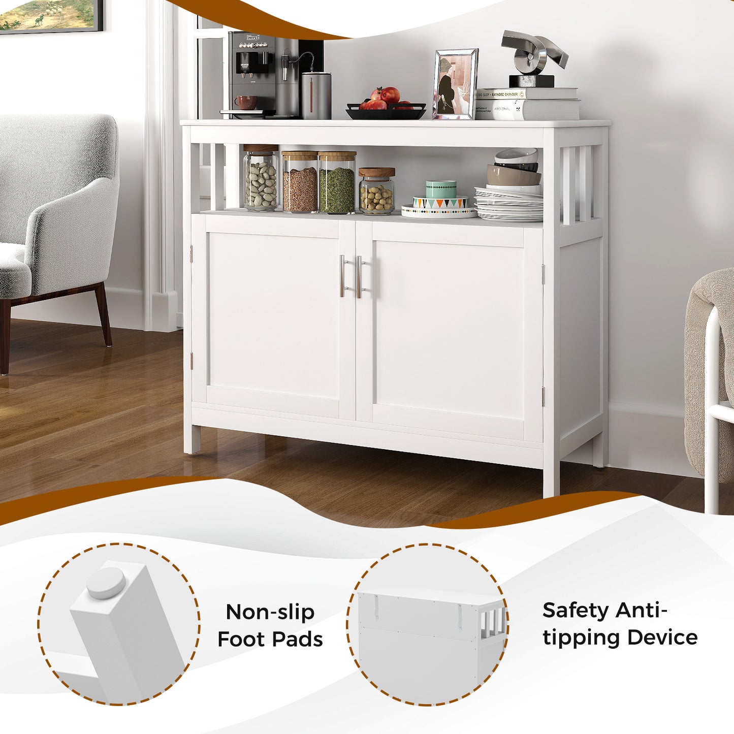 Kitchen Sideboard Buffet Cabinet with Adjustable Shelf and Double Doors for Dining Storage - White