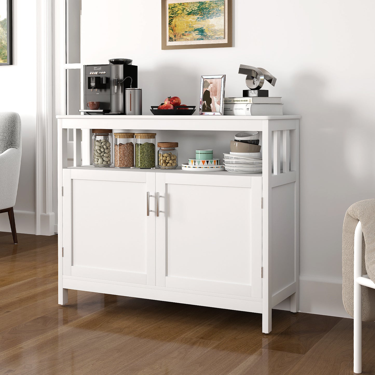 Kitchen Sideboard Buffet Cabinet with Adjustable Shelf and Double Doors for Dining Storage - White
