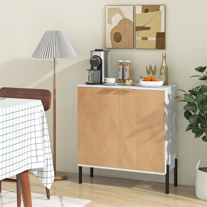 Modern 2-Door Buffet Sideboard with Adjustable Shelf and Metal Legs - White & Natural Wood