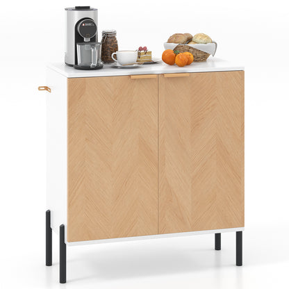 Modern 2-Door Buffet Sideboard with Adjustable Shelf and Metal Legs - White & Natural Wood