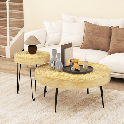 Solid Wood Round Coffee Tables Set of 2 with Ripple Design and Metal Legs, Natural Finish
