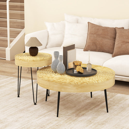 Solid Wood Round Coffee Tables Set of 2 with Ripple Design and Metal Legs, Natural Finish