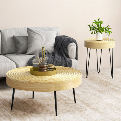 Solid Wood Round Coffee Tables Set of 2 with Ripple Design and Metal Legs, Natural Finish