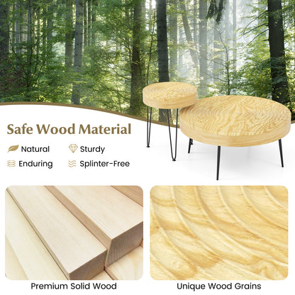 Solid Wood Round Coffee Tables Set of 2 with Ripple Design and Metal Legs, Natural Finish