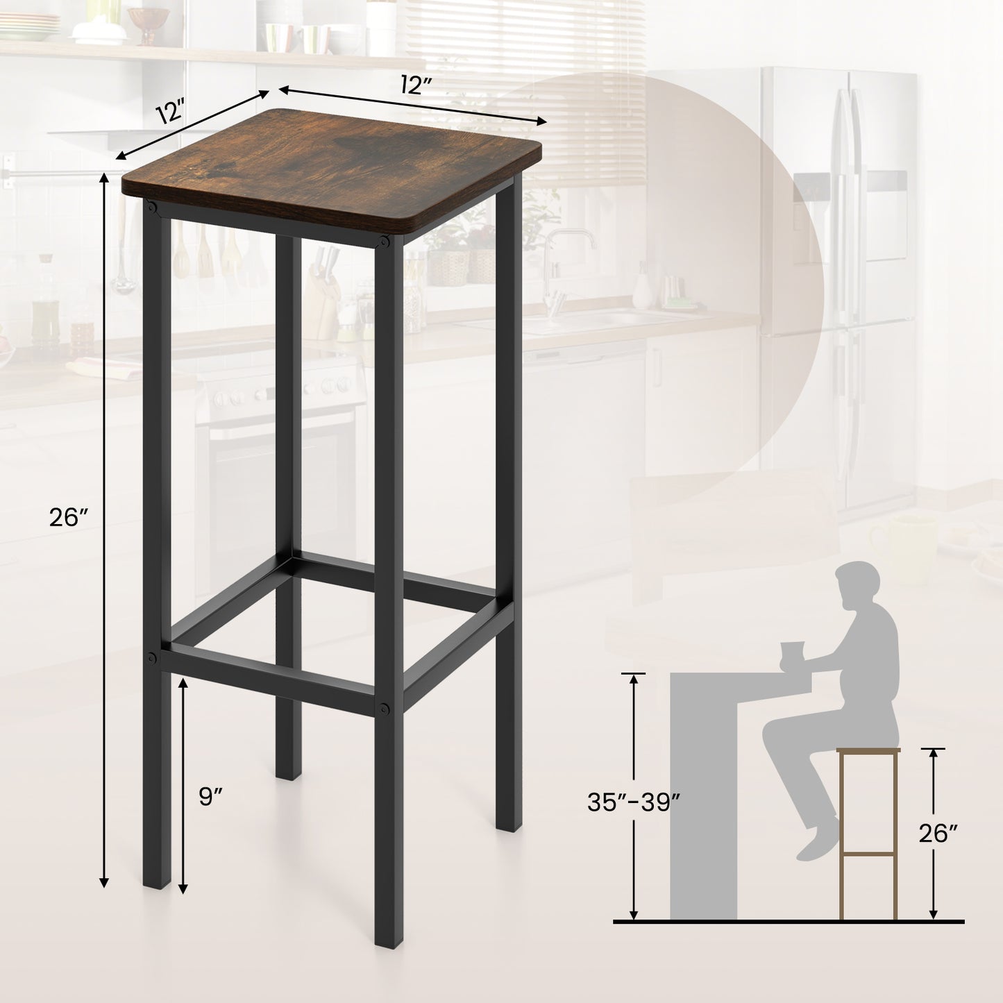 Bar Stool Set of 4 with Metal Legs, Footrest and 26 Inch Seat Height, Rustic Brown