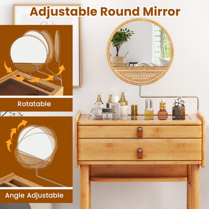 Bamboo Makeup Vanity with Tempered Glass Top, Mirror and Storage Drawers