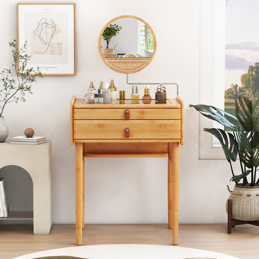 Bamboo Makeup Vanity with Tempered Glass Top, Mirror and Storage Drawers