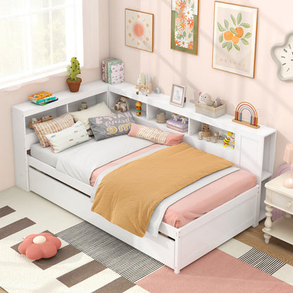 White Twin Size Daybed with Trundle and Storage Shelves – Platform Bed Frame
