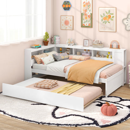 White Twin Size Daybed with Trundle and Storage Shelves – Platform Bed Frame