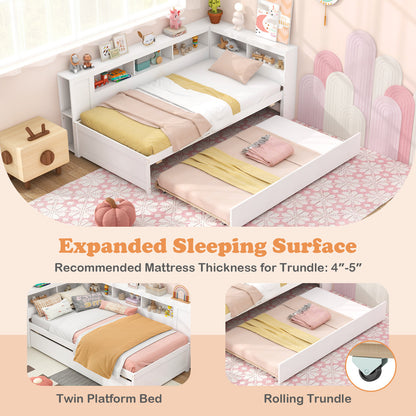 White Twin Size Daybed with Trundle and Storage Shelves – Platform Bed Frame