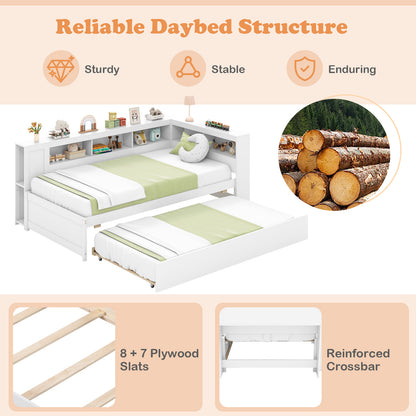 White Twin Size Daybed with Trundle and Storage Shelves – Platform Bed Frame