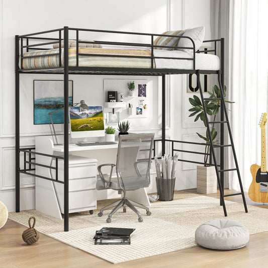 Durable Twin Metal Loft Bed Frame with Integrated Ladder and Metal Slat Support