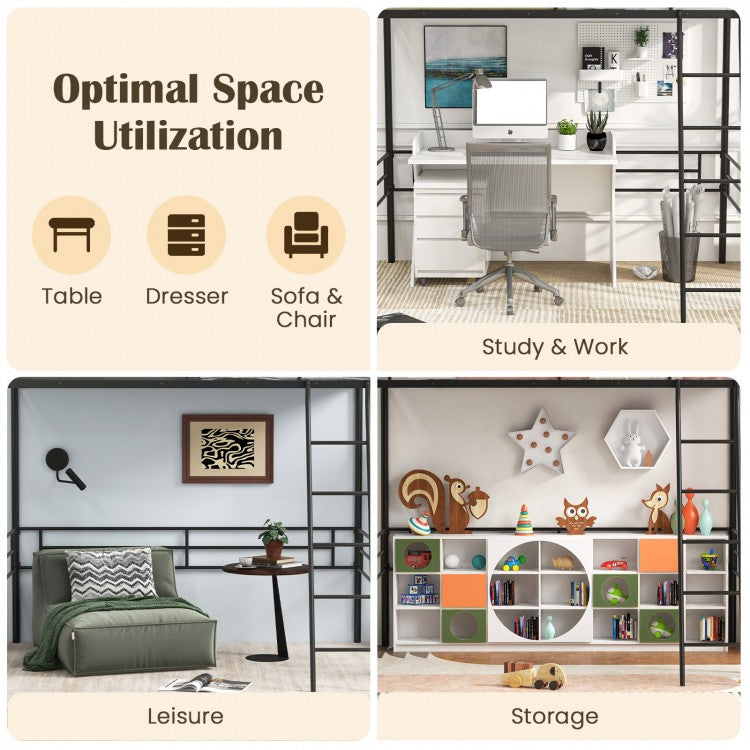 Durable Twin Metal Loft Bed Frame with Integrated Ladder and Metal Slat Support