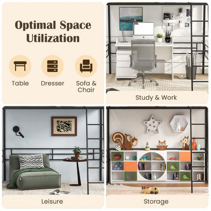 Durable Twin Metal Loft Bed Frame with Integrated Ladder and Metal Slat Support