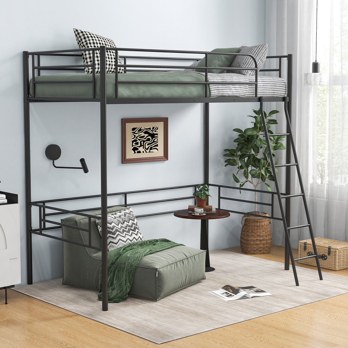 Durable Twin Metal Loft Bed Frame with Integrated Ladder and Metal Slat Support