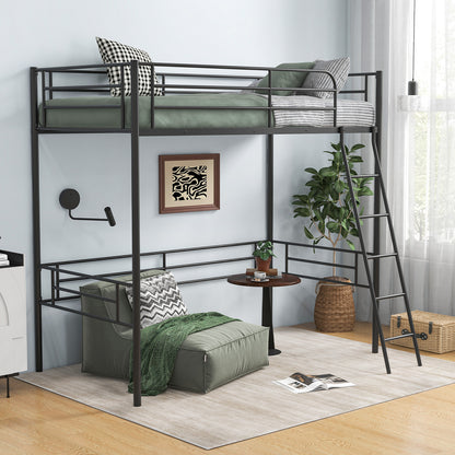 Durable Twin Metal Loft Bed Frame with Integrated Ladder and Metal Slat Support