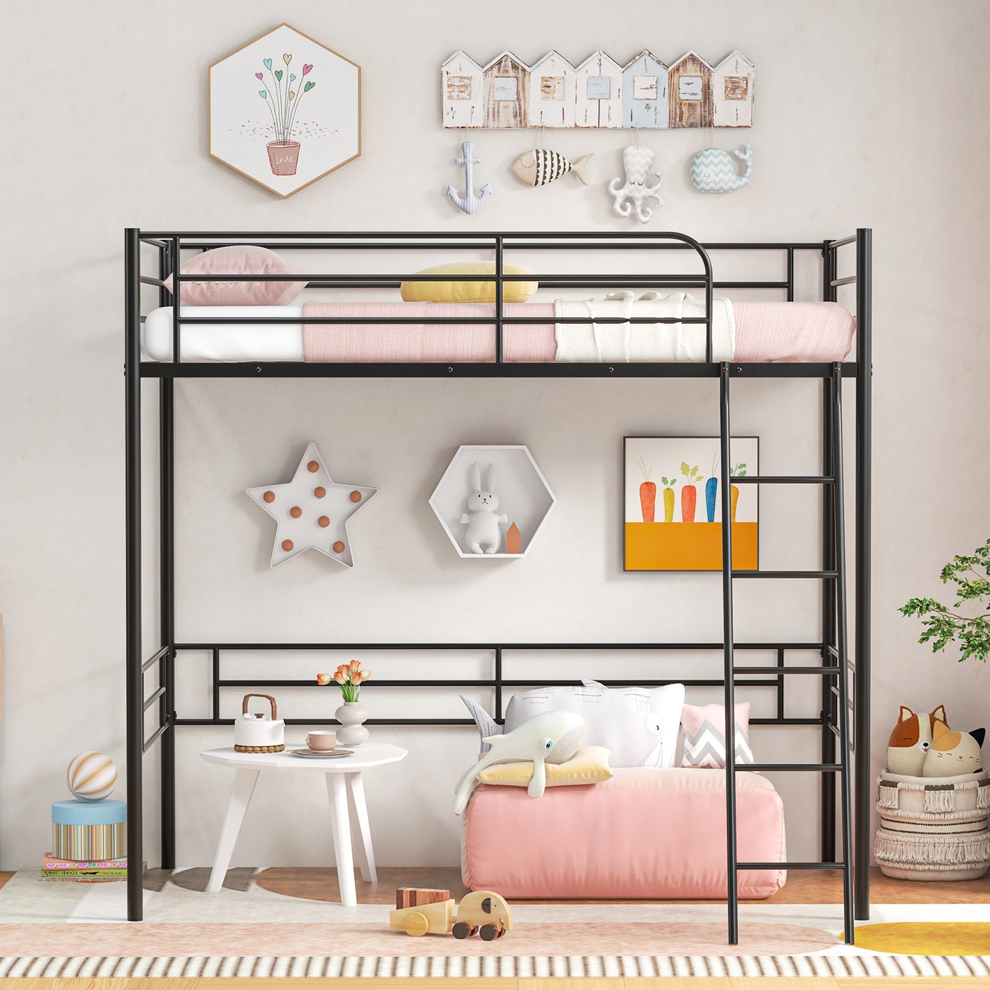 Durable Twin Metal Loft Bed Frame with Integrated Ladder and Metal Slat Support