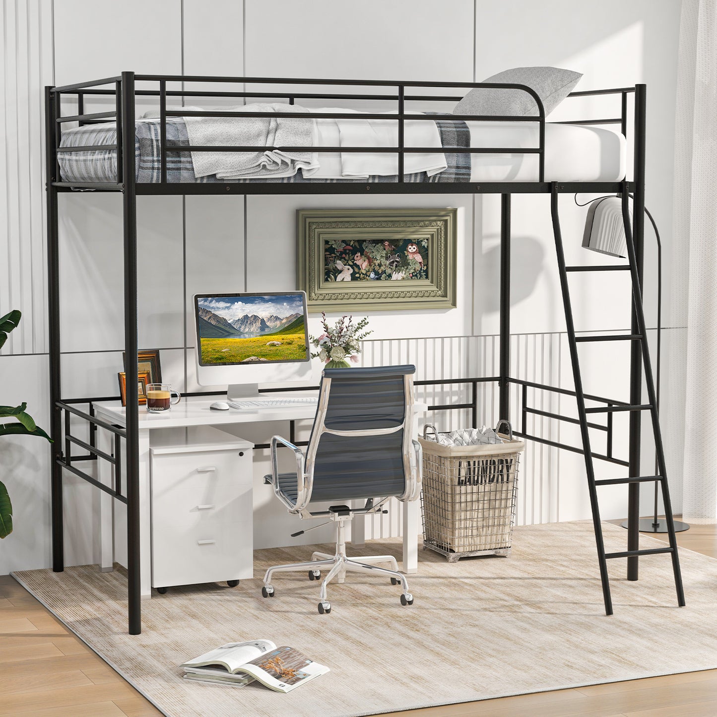 Durable Twin Metal Loft Bed Frame with Integrated Ladder and Metal Slat Support
