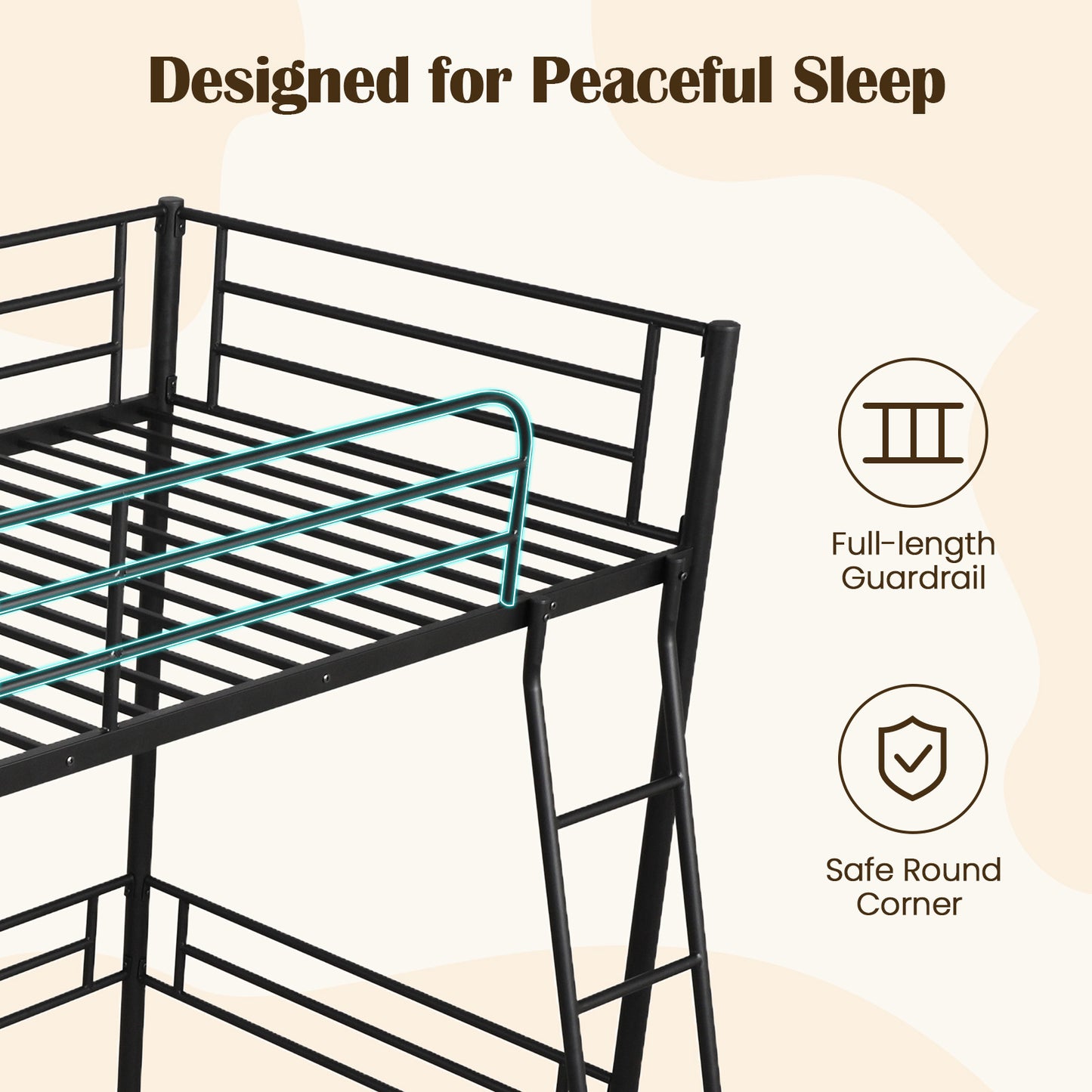 Durable Twin Metal Loft Bed Frame with Integrated Ladder and Metal Slat Support