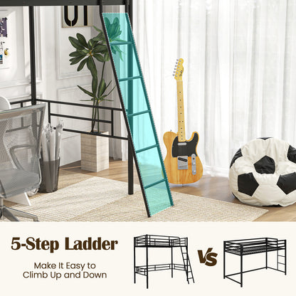 Durable Twin Metal Loft Bed Frame with Integrated Ladder and Metal Slat Support