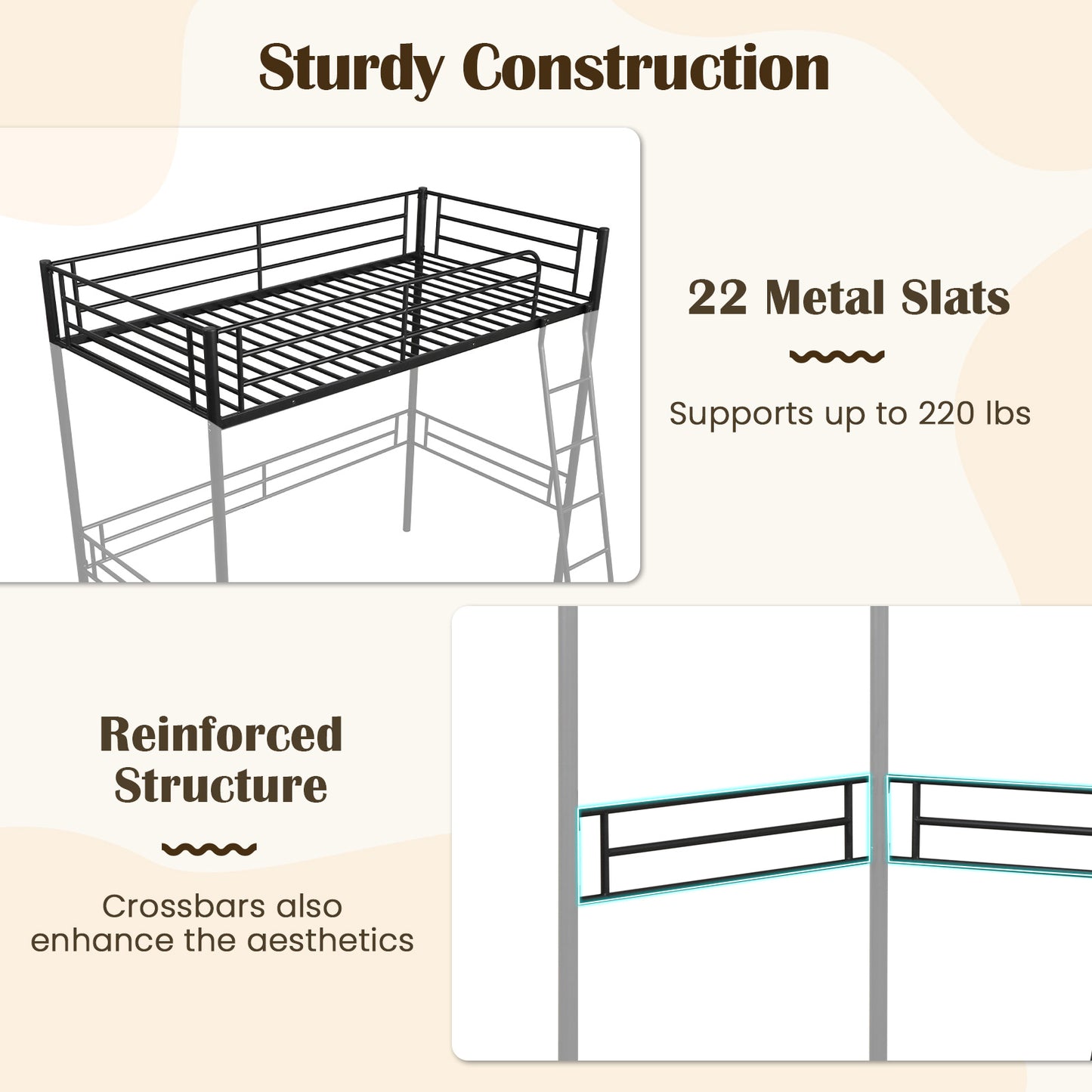 Durable Twin Metal Loft Bed Frame with Integrated Ladder and Metal Slat Support