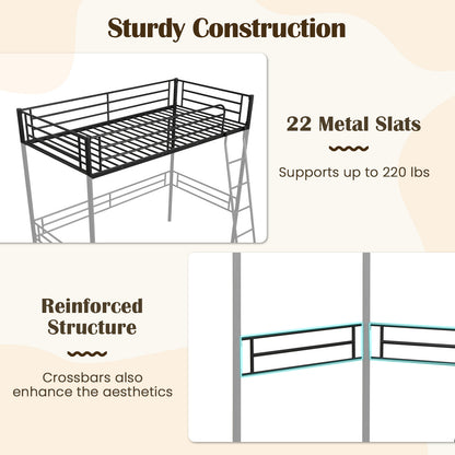 Durable Twin Metal Loft Bed Frame with Integrated Ladder and Metal Slat Support