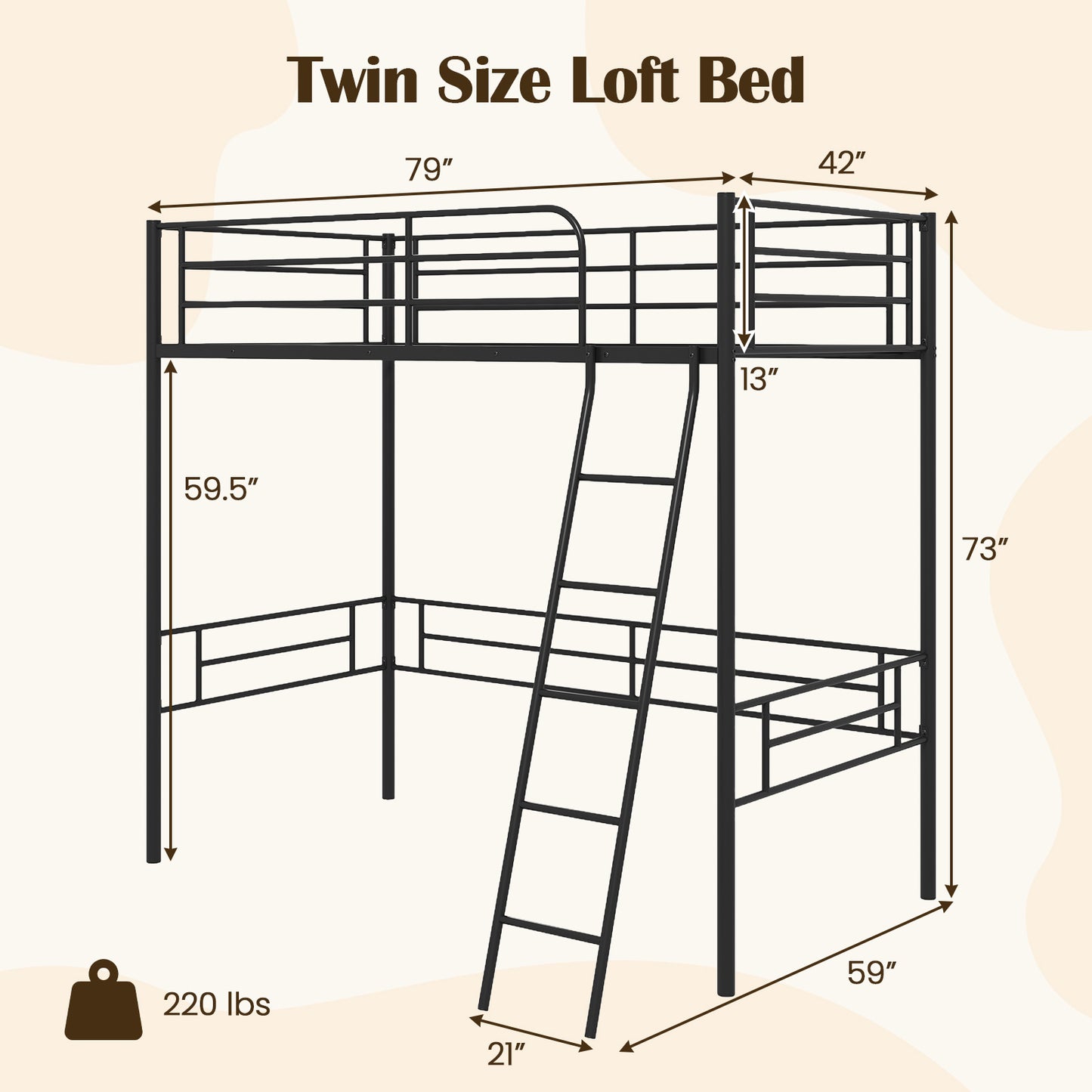 Durable Twin Metal Loft Bed Frame with Integrated Ladder and Metal Slat Support