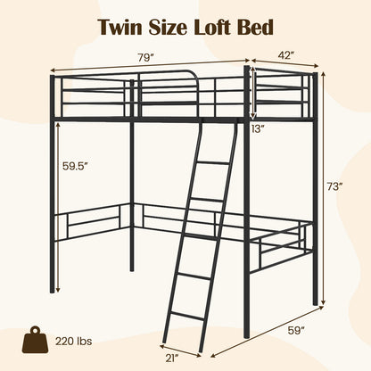 Durable Twin Metal Loft Bed Frame with Integrated Ladder and Metal Slat Support