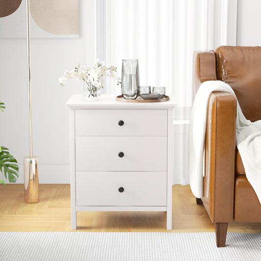 Sleek Wooden Nightstand with 3 Drawers for Bedroom or Living Room – White