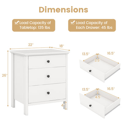 Sleek Wooden Nightstand with 3 Drawers for Bedroom or Living Room – White