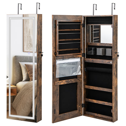 42.5 Inch Lockable Jewelry Wall Cabinet with Full-Length Mirror, 3-Color LED Lights – Rustic Brown