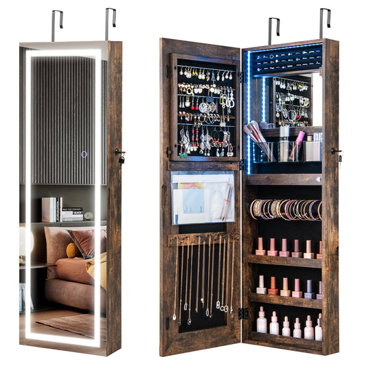 42.5 Inch Lockable Jewelry Wall Cabinet with Full-Length Mirror, 3-Color LED Lights – Rustic Brown