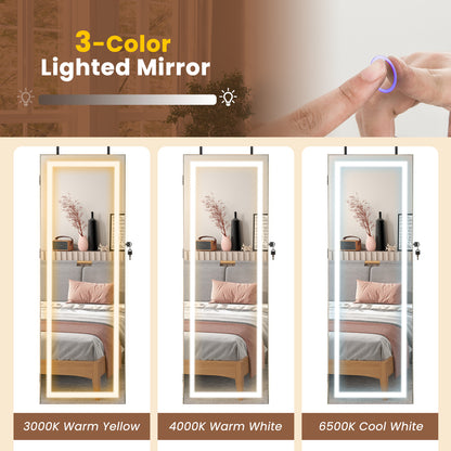 42.5 Inch Lockable Jewelry Wall Cabinet with Full-Length Mirror, 3-Color LED Lights – Rustic Brown